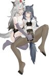  2girls :d absurdres animal_ears arknights ass black_bra black_hair black_pantyhose blush bra breasts cleavage closed_eyes detached_collar elbow_gloves fingering garter_belt garter_straps gloves grey_eyes grey_gloves grey_hair grey_thighhighs hat highres lappland_(arknights) long_hair multiple_girls navel nurse_cap open_mouth pantyhose renxzd scar simple_background smile spread_legs sweat tail teeth texas_(arknights) thighhighs underwear white_background white_bra wolf_ears wolf_tail yuri 