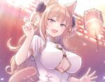  1girl :d animal_ears breasts cat_ears cat_tail chinese_clothes clothing_cutout e_(eokiba) holding lap_pillow_invitation light_brown_hair long_hair mimikaki open_mouth original purple_eyes smile tail two_side_up underboob underboob_cutout upper_body 