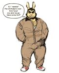  2023 anthro beard body_hair bulge chest_hair clothed clothing coveralls ear_piercing erection erection_under_clothing facial_hair genital_outline hand_on_bulge hi_res inviting lagomorph leporid looking_at_viewer male mammal manly mature_male one_eye_closed pecs penis_outline piercing rabbit shirt simple_background solo speech_bubble testicle_bulge topwear tora_gy undershirt white_background wink winking_at_viewer work_gloves 