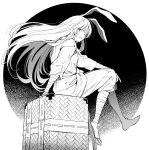  1girl animal_ears arm_support blush dm_owr forbidden_scrollery greyscale highres japanese_clothes long_hair looking_at_viewer monochrome one_eye_closed open_mouth rabbit_ears reisen_udongein_inaba sitting smile solo touhou 