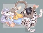  2023 anthro anthro_on_anthro clothed clothing digital_media_(artwork) dipstick_tail duo eyes_closed felid fluffy fluffy_tail fur grey_body grey_fur hair hi_res kissing mammal markings pantherine panties pawpads pink_pawpads simple_background snow_leopard spots spotted_body spotted_fur tail tail_markings underwear white_body white_fur yshanii 
