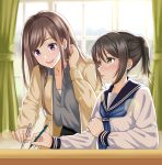  2girls absurdres adjusting_hair awazake_(2wairu) black_skirt blue_neckerchief blue_sailor_collar blurry blurry_background blush brown_eyes brown_hair brown_jacket commentary_request curtains desk earrings grey_shirt hand_up highres holding holding_pencil indoors jacket jewelry leaning_forward long_hair long_sleeves multiple_girls neckerchief original parted_lips pencil ponytail purple_eyes revision sailor_collar school_uniform serafuku shirt sitting skirt smile standing teacher teacher_and_student white_shirt window winter_uniform yuri 