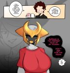  2023 anthro big_breasts black_sclera breasts clothed clothing comic container cup dialogue duo english_text female generation_4_pokemon giratina hi_res human legendary_pokemon male mammal nintendo pokemon pokemon_(species) red_eyes saltyxodium shirt speech_bubble text topwear 