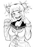  1girl blush boku_no_hero_academia cardigan commentary_request double_bun fangs greyscale hair_bun highres long_sleeves looking_at_viewer monochrome nanann_(zxcv2186) neckerchief sailor_collar short_hair simple_background smile solo toga_himiko upper_body white_background 