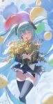  1girl absurdres aqua_hair balloon black_c black_skirt black_thighhighs blue_sky blush bouquet closed_eyes clothes_lift cloud detached_sleeves facing_viewer flower hair_between_eyes happy hatsune_miku highres holding holding_bouquet long_hair open_mouth panties skirt skirt_lift sky smile solo standing thigh_gap thighhighs twintails underwear very_long_hair vocaloid white_panties yellow_flower zettai_ryouiki 