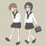 2girls ^_^ aioi_yuuko arms_behind_back bag black_eyes black_sailor_collar black_skirt blush brown_footwear closed_eyes commentary english_commentary glasses holding holding_bag loafers looking_at_another minakami_mai multiple_girls nichijou no_nose pleated_skirt sailor_collar school_uniform semi-rimless_eyewear shirt shoes short_hair simple_background skirt socks tsumikisyndrome walking white_shirt white_socks yellow_background 