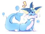  2021 blue_body blue_fur blush bubble digital_media_(artwork) eeveelution feral fur generation_1_pokemon hi_res kinozel leg_markings markings nintendo open_mouth open_smile pokemon pokemon_(species) signature smile socks_(marking) solo vaporeon white_body white_fur 