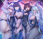  4girls absurdres animal_ears ass atsuko_(blue_archive) black_gloves black_hair black_leotard black_pantyhose black_thighhighs blue_archive blue_eyes blue_hair breasts brown_hair closed_mouth colored_inner_hair covered_navel detached_sleeves fake_animal_ears gloves hair_between_eyes hair_over_one_eye halo highres hiyori_(blue_archive) large_breasts leotard long_hair long_sleeves looking_at_viewer mask mask_pull medium_breasts misaki_(blue_archive) mouth_mask multicolored_hair multiple_girls navel nipples open_mouth pantyhose playboy_bunny rabbit_ears red_eyes saori_(blue_archive) split standing standing_on_one_leg standing_split thighhighs tongue tongue_out torn_clothes torn_pantyhose uko_magi very_long_hair 