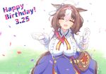  1girl ahoge animal_ears bag between_breasts blue_dress blush breasts brown_hair closed_eyes collared_shirt confetti dated dress facing_viewer gloves grass hairband hands_up happy_birthday hihiqhi horse_ears horse_girl horse_tail large_breasts long_sleeves medium_hair meisho_doto_(umamusume) multicolored_hair open_mouth outdoors shirt shoulder_bag smile solo standing strap_between_breasts tail twitter_username two-tone_hair umamusume watermark white_gloves white_shirt 
