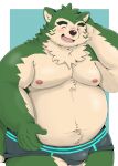  absurd_res anthro belly blush briefs bulge canid canine canis clothing cocochu_samo domestic_dog eyebrows fur green_body green_fur hi_res lifewonders live_a_hero male mammal mokdai musclegut navel nipples one_eye_closed pecs solo thick_eyebrows underwear wink 