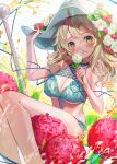  1girl ahoge aqua_bikini arm_up bare_legs bare_shoulders bikini blonde_hair blush breasts cleavage feet_out_of_frame flower food fruit glasses green_eyes green_hair hand_on_headwear hat hat_flower highres holding holding_flower large_breasts looking_at_viewer multicolored_hair negimapurinn original parted_lips raspberry rose round_eyewear sitting solo streaked_hair sun_hat swimsuit two-tone_hair white_flower white_headwear white_rose 