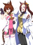  2girls agnes_tachyon_(umamusume) agnes_tachyon_(umamusume)_(cosplay) ahoge armpits bandolier black_gloves black_necktie black_pantyhose breasts brown_hair coat commentary_request cosplay costume_switch cowboy_shot dress ear_ornament epaulettes gloves hair_between_eyes highres lab_coat long_hair medium_breasts multiple_girls necktie nerukichikatafukuma open_mouth pantyhose pink_eyes ponytail red_eyes sakura_bakushin_o_(umamusume) sakura_bakushin_o_(umamusume)_(cosplay) short_hair sleeveless sleeveless_dress sleeves_past_fingers sleeves_past_wrists smile sweater_vest thighhighs umamusume white_coat white_thighhighs yellow_sweater_vest 