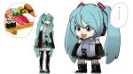  ... 2girls aqua_eyes aqua_hair aqua_necktie bare_shoulders black_skirt black_sleeves black_thighhighs blue_necktie commentary cosplay detached_sleeves expressionless fish_(food) food full_body grey_shirt gunkanmaki hair_ornament hatsune_miku headphones kigurumi long_hair makizushi mikudayoo mikunano miniskirt multiple_girls mute necktie nigirizushi nippori_honsha open_mouth pleated_skirt shirt shoulder_tattoo simple_background skirt sleeveless sleeveless_shirt smile speech_bubble spoken_ellipsis spoken_food standing sushi tattoo thighhighs twintails very_long_hair vocaloid white_background zettai_ryouiki 