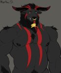  anthro beard belly black_body black_fur bovid bovine cattle european_mythology facial_hair facial_piercing fur greek_mythology hi_res horn humanoid igroc_(secretkaal) male mammal markings markusd minotaur musclegut muscular mythology nipples nose_piercing nose_ring orc pecs piercing ring_piercing scar solo tattoo 