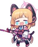  1girl absurdres animal_ear_headphones animal_ears assault_rifle battle_rifle black_skirt black_thighhighs blonde_hair blue_archive blue_necktie bow chibi closed_eyes collared_shirt facing_viewer fake_animal_ears full_body gun h&amp;k_g3 hair_bow halo headphones highres holding holding_gun holding_weapon jacket long_sleeves momoi_(blue_archive) necktie off_shoulder open_mouth panatisia pink_footwear red_bow rifle shirt shoes sidelocks simple_background skirt sleeves_past_wrists solo standing suspender_skirt suspenders tail tears thighhighs wavy_mouth weapon white_background white_jacket white_shirt wide_sleeves 