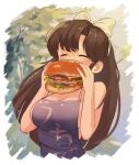  1girl apron biting bow breasts brown_hair burger cheese closed_eyes eating food geraldjess1 hair_bow highres kuonji_ukyou large_breasts meat naked_apron ranma_1/2 solo white_bow 