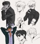  2boys black_jacket blush buttons chest_hair cigarette closed_mouth covered_mouth earrings grin jacket jewelry kaysd999 long_sleeves mole mole_under_eye multiple_boys nicholas_d._wolfwood parted_lips pointing pointing_at_self round_eyewear short_hair sketch smile smoke smoking sunglasses trigun trigun_stampede undercut variations vash_the_stampede white_background 
