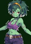  1girl armpits artist_name bare_arms bare_shoulders belt black_choker breasts brown_belt choker cleavage closed_mouth collarbone colored_skin cowboy_shot earrings english_commentary english_text eyelashes green_background green_hair green_skin groin hairband highres jewelry looking_to_the_side medium_breasts missfaves monster_girl navel outstretched_arms purple_tank_top red_eyes rottytops shantae_(series) short_hair shorts signature simple_background skull skull_belt skull_earrings smile solo standing stitched_arm stitches tank_top torn_clothes torn_shorts undead yellow_hairband zombie 