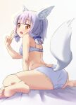  1girl absurdres animal_ear_fluff animal_ears arm_support ass back barefoot blue_bow blue_bra blue_hair blue_panties blunt_bangs blush bow bra brown_eyes casual commentary feet feet_out_of_frame foreshortening fox_ears fox_girl fox_tail from_behind hair_bow hand_up highres leaning_forward long_sleeves looking_at_viewer looking_back machikado_mazoku oekakiism open_mouth panties riko_(machikado_mazoku) short_hair sidelocks simple_background sitting soles solo tail tail_raised toes underwear underwear_only v wariza white_background white_tail 