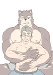  abs anthro big_pecs blush bodily_fluids brown_body brown_fur brown_hair canid canine canis clothed clothing duo embrace eyewear fur glasses hair hand_holding hi_res hug hugging_from_behind human human_on_anthro interspecies larger_anthro larger_male male male/male mammal mostly_nude multicolored_body multicolored_fur muscular muscular_anthro muscular_human muscular_male nipples pecs poteto02888292 size_difference smaller_human smaller_male sweat topless topless_male underwear underwear_only white_body white_fur wolf 