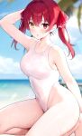  1girl absurdres bare_shoulders beach blush breasts covered_navel hair_ribbon haru_(re_ilust) heterochromia highleg highres hololive houshou_marine long_hair looking_at_viewer one-piece_swimsuit open_mouth outdoors red_eyes red_hair red_ribbon ribbon see-through solo swimsuit twintails virtual_youtuber wet wet_clothes white_one-piece_swimsuit yellow_eyes 