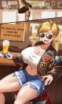  1girl 1other absurdres alcohol aviator_sunglasses bar_(place) bar_stool beer bell blonde_hair blue_eyes blush bomber_jacket breasts brown_jacket cellphone cleavage collarbone covered_nipples cropped_shirt english_commentary english_text engrish_commentary eyes_visible_through_eyewear fang fingernails glass highres hitch_(perotoss) holding holding_phone indoors jacket large_breasts long_sleeves navel open_clothes open_jacket open_mouth original paid_reward_available parody phone scene_reference shirt short_hair short_shorts shorts sitting solo_focus stomach stool sunglasses top_gun:_maverick white_shirt 