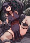  1girl black_hair breasts brown_eyes chicken_(chickenx) fishnet_gloves fishnet_thighhighs fishnets gloves hairband highres large_breasts monster ninja original pelvic_curtain short_hair thighhighs 