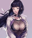  1girl bikini bikini_top_only black_choker black_hair blunt_bangs breasts choker fishnet_top fishnets floating_hair grey_background grey_eyes grin highres hyuuga_hinata jacket konohagakure_symbol large_breasts long_hair missfaves naruto_(series) naruto_shippuuden open_clothes open_jacket partially_unzipped smile solo swimsuit very_long_hair 