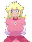  1girl alternate_breast_size blonde_hair blue_eyes blue_gemstone breasts brooch commentary covered_nipples crown dress earrings elbow_gloves english_commentary gem gloves grabbing_own_breast hair_flaps happy highres jewelry large_breasts long_hair looking_away looking_to_the_side mario_(series) parted_lips pink_dress pink_lips princess_peach puffy_short_sleeves puffy_sleeves short_sleeves sidelocks simple_background sketch smile solo straight-on teeth upper_body vixycore white_background white_gloves yellow_headwear 