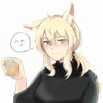  1girl absurdres alcohol animal_ear_fluff animal_ears arknights black_sweater blonde_hair blush breasts cup hair_between_eyes highres holding holding_cup horse_ears horse_girl long_hair long_sleeves looking_at_viewer low_ponytail nearl_(arknights) orange_eyes seung-aeja simple_background smile solo spoken_expression sweater turtleneck turtleneck_sweater upper_body white_background 