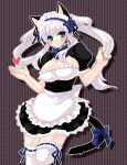  1girl alternate_costume animal_ears apron back_bow black_ribbon black_tail blue_bow blue_bowtie blue_eyes blue_ribbon blush bow bowtie breasts cat_ears cat_tail closed_mouth dress drop_shadow enmaided fingernails frilled_apron frills grey_hair hair_between_eyes hair_ribbon hands_up heart koshikawa_guu large_breasts leg_up long_hair mabinogi maid maid_apron maid_headdress nao_(mabinogi) outline petticoat puffy_short_sleeves puffy_sleeves ribbon ribbon-trimmed_legwear ribbon-trimmed_thighhighs ribbon_trim short_dress short_sleeves smile solo striped striped_background tail tail_bow tail_ornament thighhighs twintails waist_apron white_apron white_bow white_outline white_thighhighs 