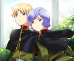  2boys arms_at_sides belt blonde_hair blue_eyes blush brown_belt brown_eyes bush char_aznable closed_mouth frown garma_zabi green_jacket gundam high_collar jacket light_particles long_sleeves looking_at_viewer looking_back male_focus mobile_suit_gundam_the_origin multiple_boys p.kibi purple_hair short_hair smile upper_body window 