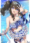 1girl absurdres arm_strap bare_shoulders bead_bracelet beads bikini black_hair blue_eyes blurry blurry_background bracelet breasts cleavage collarbone frilled_bikini frilled_straps frills go-1 hair_between_eyes hairband heart heart_necklace highres idolmaster idolmaster_cinderella_girls jewelry long_hair looking_at_viewer medium_breasts microphone navel necklace ocean open_hand open_mouth sagisawa_fumika side_ponytail slippers smile solo striped striped_bikini swimsuit thigh_strap thighs thong 
