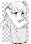  1girl absurdres arms_up bare_arms blush bow checkered_background closed_mouth date_kana double_bun dress greyscale hair_bow hair_bun highres ice_cream_kanojo kuune_rin monochrome plaid plaid_dress shirt sleeveless sleeveless_dress solo twintails tying_hair upper_body 