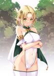  1girl armlet arms_under_breasts ass_visible_through_thighs bangs bare_shoulders blonde_hair bracelet breasts cameltoe cape cleft_of_venus closed_mouth collarbone commentary_request covered_navel cowboy_shot crossed_arms earrings elf flower forehead frown glaring green_eyes hair_flower hair_ornament impossible_clothes impossible_leotard jewelry kirishima_satoshi large_breasts leaf leotard looking_at_viewer original outdoors parted_bangs pointy_ears short_hair sleeveless solo thighhighs thighs tree white_thighhighs 