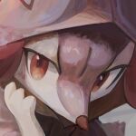  1other alternate_color animal_hands animal_nose blush body_fur braixen clothed_pokemon commentary_request cropped furry hand_up hood hood_up ikei light_blush looking_at_viewer other_focus pokemon pokemon_(creature) portrait purple_fur red_eyes shiny_pokemon snout solo two-tone_fur white_fur 