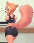  anthro bike_shorts bottomwear bra butt clothing deadmimicked dialogue female hi_res looking_at_viewer looking_back mammal rodent sciurid shorts smile smirk solo sports_bra tight_bottomwear tight_clothing tight_shorts tree_squirrel underwear 