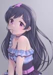  1girl alternate_hairstyle bandaid bare_shoulders belt belt_collar black_hair blush breasts cleavage closed_mouth collar collarbone dress emily_stewart frilled_dress frills grey_background hair_in_own_mouth hairband idolmaster idolmaster_million_live! idolmaster_million_live!_theater_days long_hair looking_at_viewer medium_breasts official_alternate_hair_color pink_belt purple_eyes simple_background solo yukiho_kotori 
