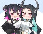  2girls :d anerissa_ravencroft aqua_hair bare_shoulders black_hair black_jacket blush_stickers breast_press breasts chibi closed_mouth colored_inner_hair commentary demon_horns english_commentary fang highres hololive horns jacket kukie-nyan large_breasts long_hair looking_at_viewer mole mole_under_eye mole_under_mouth multicolored_hair multiple_girls oneerissa_ravencroft pink_hair red_eyes shirt slit_pupils smile symmetrical_docking two-tone_hair white_shirt 