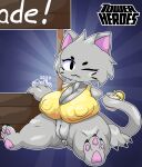  2023 3_fingers :3 anus areola armless beverage big_breasts breast_squish breasts clothing domestic_cat felid feline felis female fingers floating_hands fur genitals grey_body grey_fur hendersimp hi_res huge_breasts humanoid leaning leaning_back leaning_on_table lemonade lemonade_cat_(tower_heroes) lemonade_stand mammal markings nipple_outline one_eye_closed plump_labia puffy_anus puffy_areola pussy roblox shirt simple_background solo spread_legs spreading squish tail thick_thighs topwear tower_heroes whisker_markings wink yellow_clothing yellow_shirt yellow_topwear 