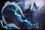  anthro armwear blue_body blue_eyes butt clothed clothing dragon dramatic_lighting dramatic_pose electricity female frill_(anatomy) gloves handwear hi_res lightning magic magic_user partially_clothed scalie solo storm thunder underwear zirys zirysdraws 