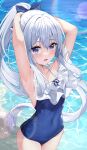  1girl :o absurdres adjusting_hair armpits arms_up beach blue_archive blue_one-piece_swimsuit blush bow collarbone covered_navel frilled_one-piece_swimsuit frills grey_hair hair_bow halo highres kurone_(kurone_ryuo) long_hair looking_at_viewer miyako_(blue_archive) miyako_(swimsuit)_(blue_archive) official_alternate_costume one-piece_swimsuit ponytail purple_eyes solo swimsuit very_long_hair 