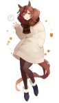  1girl animal_ears blush boots brown_eyes brown_hair brown_pantyhose coat ear_covers full_body fur-trimmed_boots fur_trim hand_in_pocket highres horse_ears horse_girl horse_tail long_sleeves looking_at_viewer multicolored_hair nice_nature_(umamusume) open_mouth pantyhose plaid plaid_scarf scarf shakemi_(sake_mgmgmg) simple_background solo streaked_hair tail twintails umamusume white_coat 