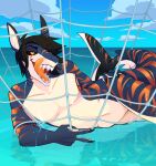 anthro bedroom_eyes black_hair black_sclera blue_body blue_scales fangs fish fishing_net gesture hair half-closed_eyes heresvix hi_res inviting licking licking_lips lying male marine narrowed_eyes net on_side open_mouth open_smile orange_stripes requiem_shark scales sea seductive shark shark_tail sharp_teeth smile solo striped_body striped_scales stripes tan_body tan_scales teeth tiger_shark tongue tongue_out v_sign water 