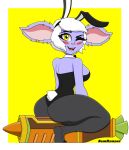 big_breasts big_butt breasts bunny_costume butt clothing costume female hi_res humanoid league_of_legends legwear looking_at_viewer looking_back purple_body riot_games samrunner simple_background solo thick_thighs thigh_highs tristana_(lol) yellow_background yordle 