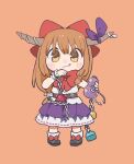  1girl :q bow bowtie chain citrus_(place) closed_mouth commentary cuffs footwear_bow gourd hair_bow hand_on_own_face holding_gourd horn_bow horn_ornament horns ibuki_suika long_hair looking_at_viewer oni oni_horns orange_background orange_hair pyramid_(geometry) red_bow red_bowtie shackles simple_background skirt sleeveless solo tongue tongue_out touhou very_long_hair 