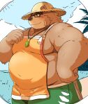  2023 anthro bear belly big_belly bottomwear clothing eyewear glasses hat headgear headwear hi_res humanoid_hands kemono lifewonders male mammal metaporin moobs outside overweight overweight_male shorts solo straw_hat tokyo_afterschool_summoners volos 