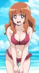  1girl bikini blue_sky blunt_bangs bow bow_bikini breasts bright_pupils cloud cloudy_sky commentary cowboy_shot day frilled_bikini frills girls_und_panzer halterneck hands_on_own_thighs highres horizon leaning_forward long_hair looking_at_viewer medium_breasts navel ocean open_mouth orange_eyes orange_hair outdoors ponzu_rui sky smile solo standing swimsuit takebe_saori thigh_gap white_pupils 