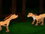  absurd_res duo female flute_dragon forest forest_background glowing glowing_eyes grayson_(sajay) halloween halloween_2023 hi_res holidays madrigal_(aquest) male nature nature_background plant sajay skinwalker tree 
