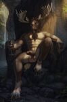 abs anthro antlers b.koal balls chair deer diffuse_moose facial_hair furniture genitals hi_res hooves horn male mammal moose muscular muscular_anthro muscular_male mustache new_world_deer pecs penis solo throne vein veiny_penis waterfall 